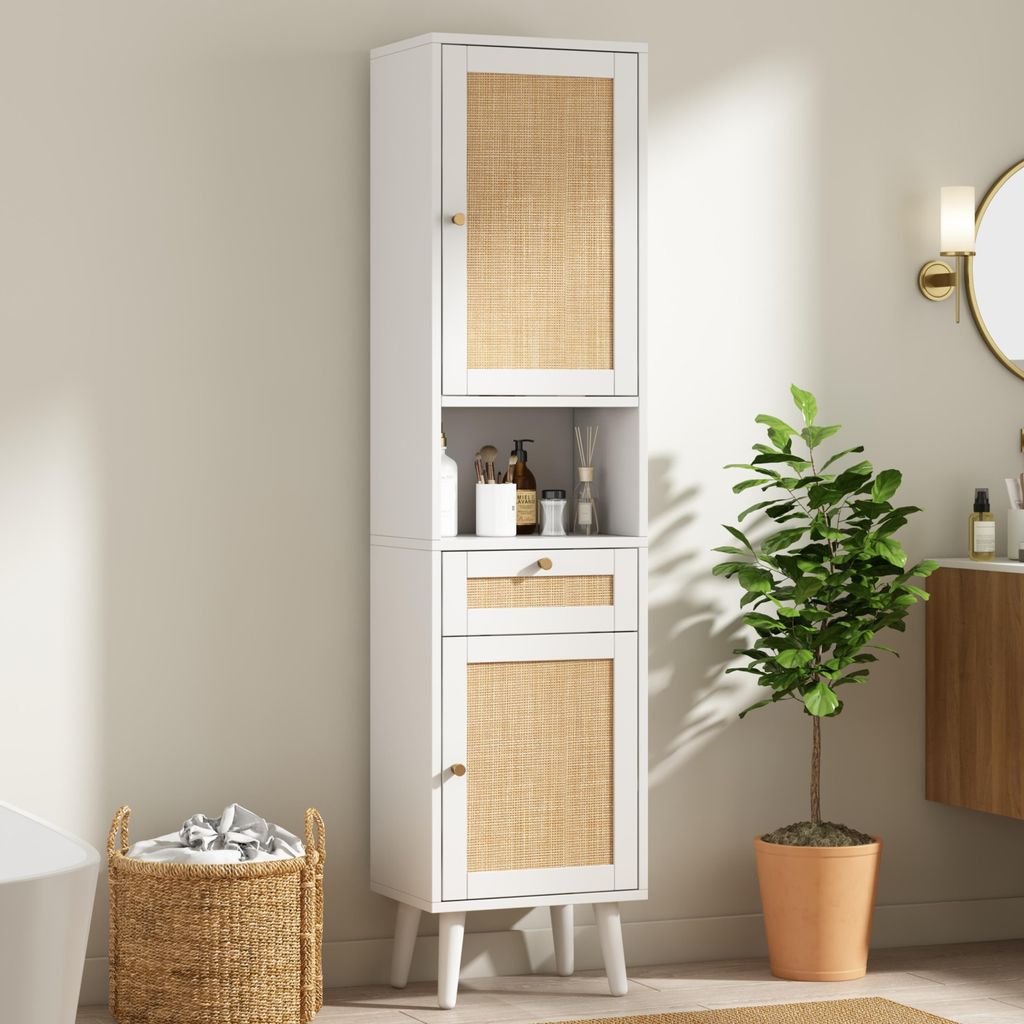 Mobiletto alto da bagno Flieks con ante in rattan, design Immagine del prodotto 