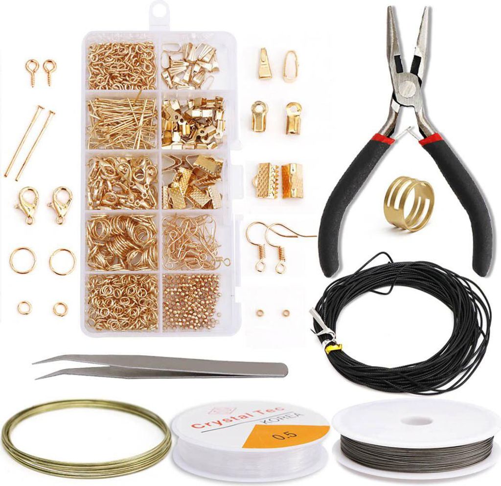 Schmuck selber machen Set – umfangreiches DIY Starter Set – FLOKOO – 300 Öffnungsringe, 150 Kettenverschlüsse, 70 Stifte, Gold