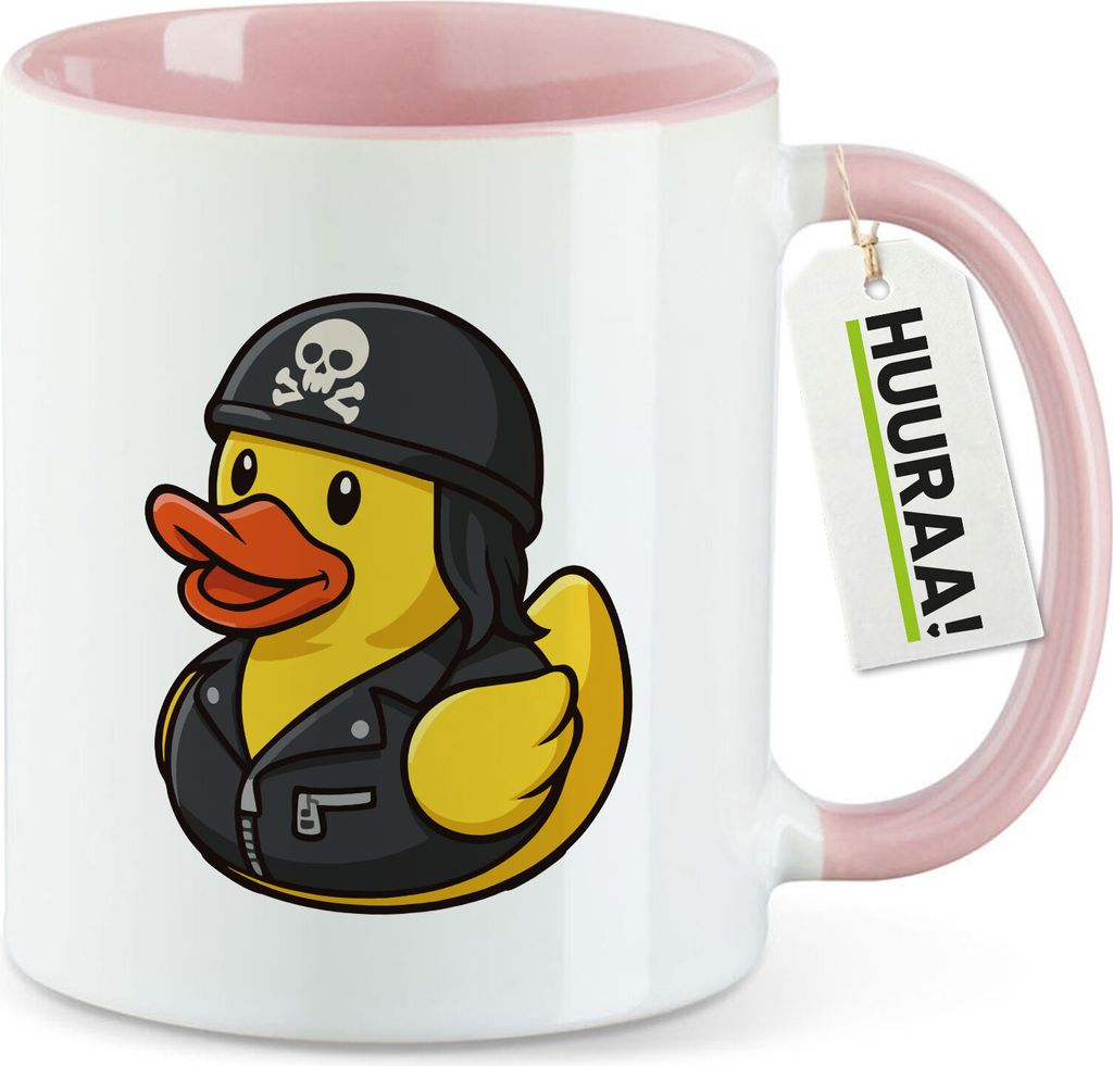 Huuraa Kaffeetasse Quietscheente Biker Gummiente Rocker 330ml Rosa Keramik Kaffeebecher Geschenkidee