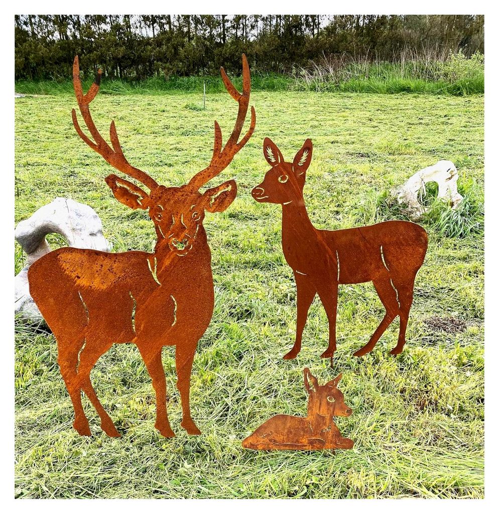 3er Set Hirschfamilie mit Rehkitz und Hirsch 117 cm Gartenstecker Edelrost Gartendeko Rost Metall
