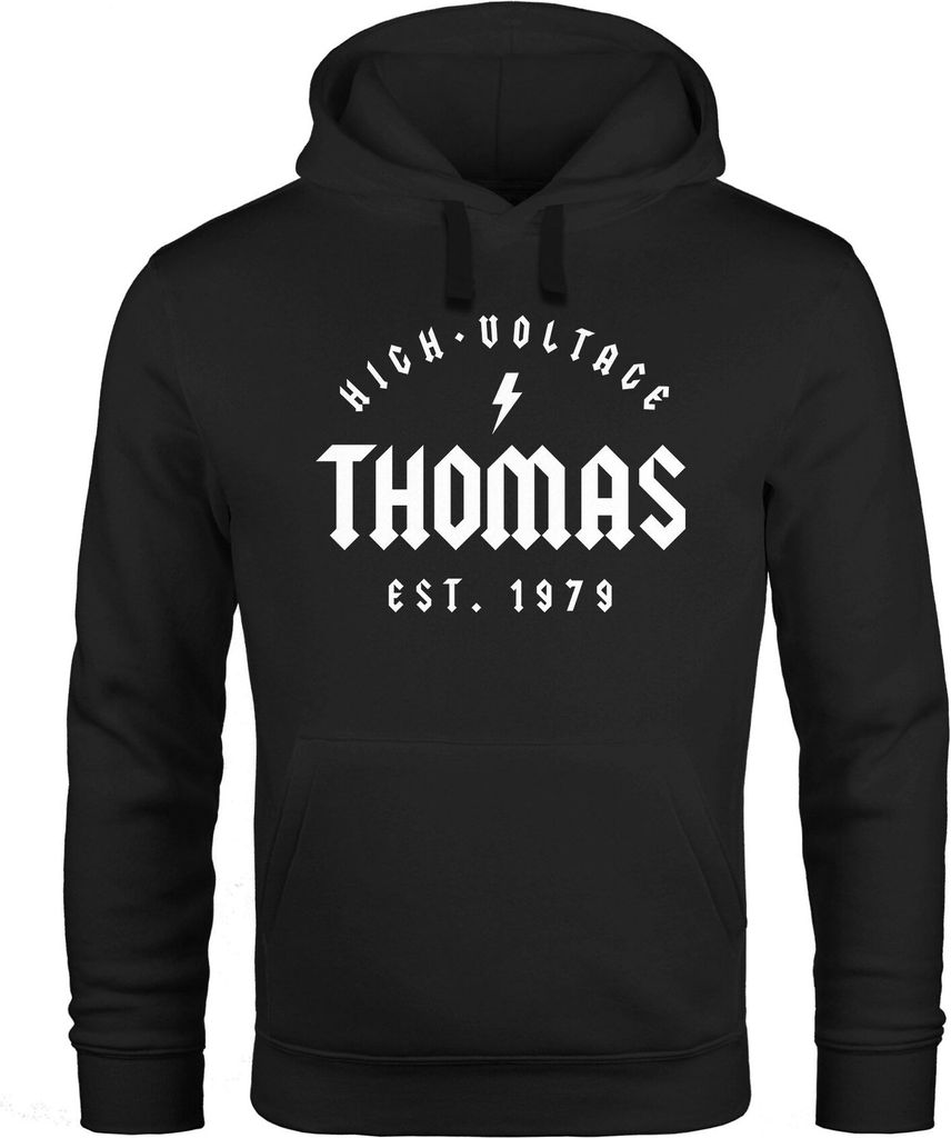 Hoodie Herren personalisierbar Schriftzug High Voltage anpassbarer Name und Geburtsjahr Geschenk Geburtstag Kapuzen-Pullover Neverless schwarz XL