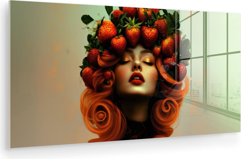 MuchoWow Glasbilder - Bilder auf Wandbild - Foto auf Glas Frau - Erdbeeren - Krone 120x60 cm Wanddekoration aus Glas - Acrylglasbild - Acrylbilder ...