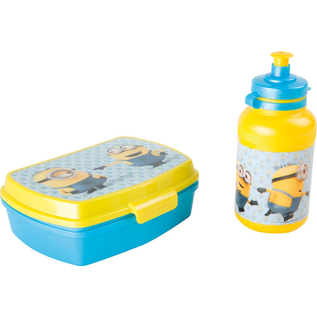 A lunchbox and water bottle set with Minions characters.