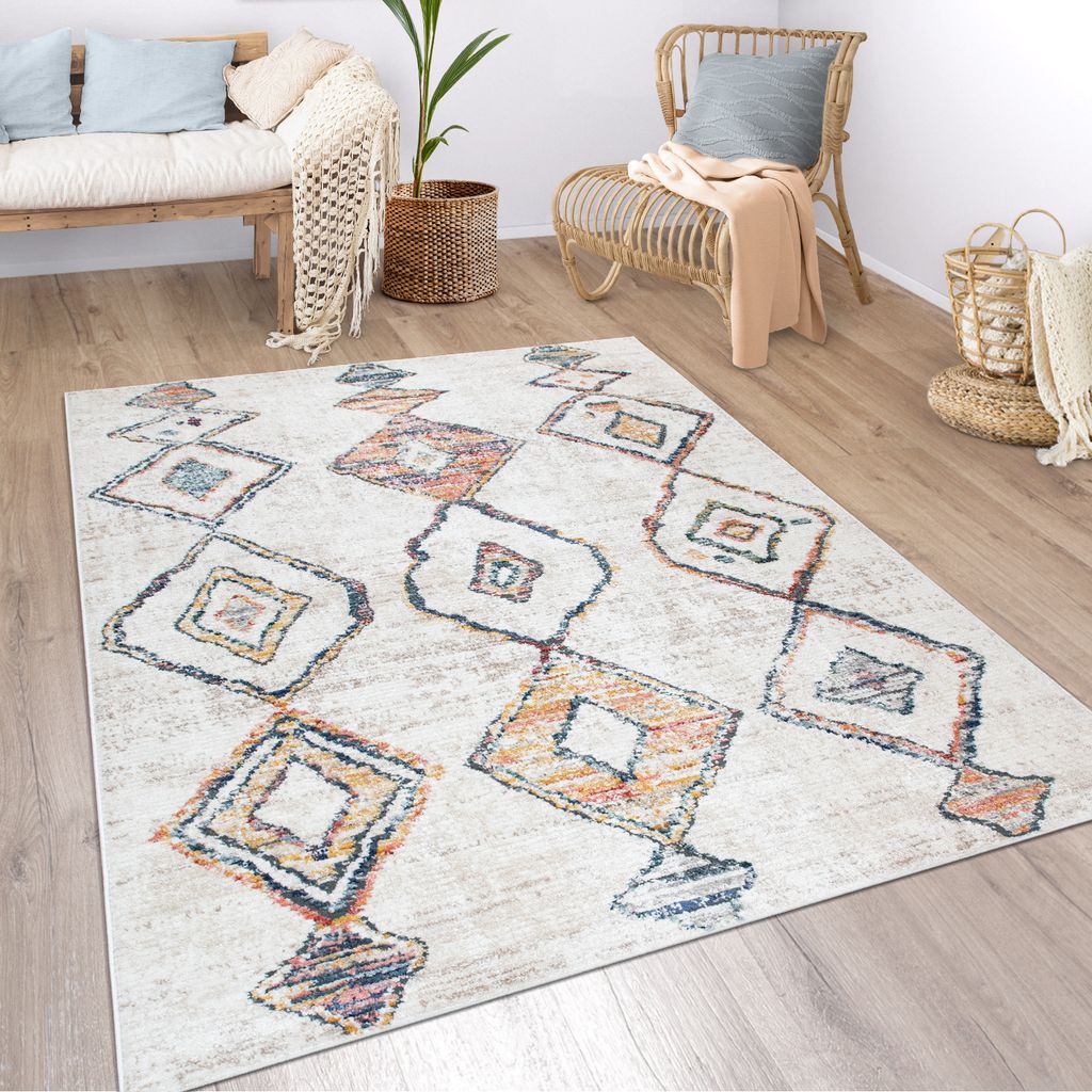 Teppich Wohnzimmer Boho Ethno Marokkanische Muster Moderner Kurzflor Mit Struktur In Bunt Beige Grösse 80x150 cm