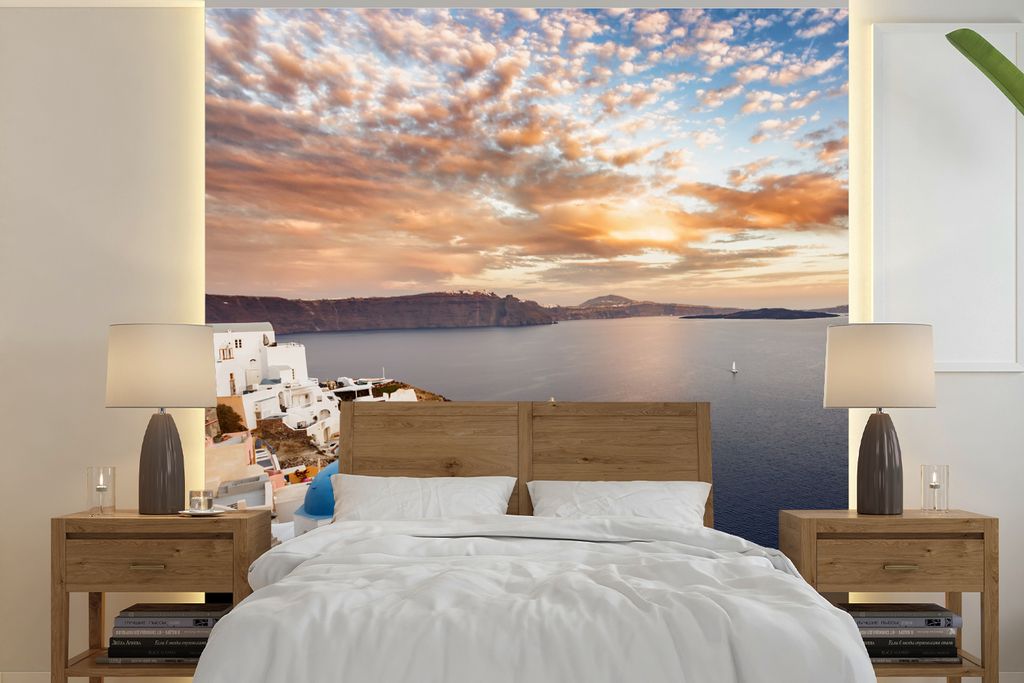 MuchoWow Fototapete für Wohnzimmer oder Schlafzimmer Wandtapete Vinyl Motivtapete Sonnenaufgang über dem Wasser in Oia Griechenland - 280x280 c...