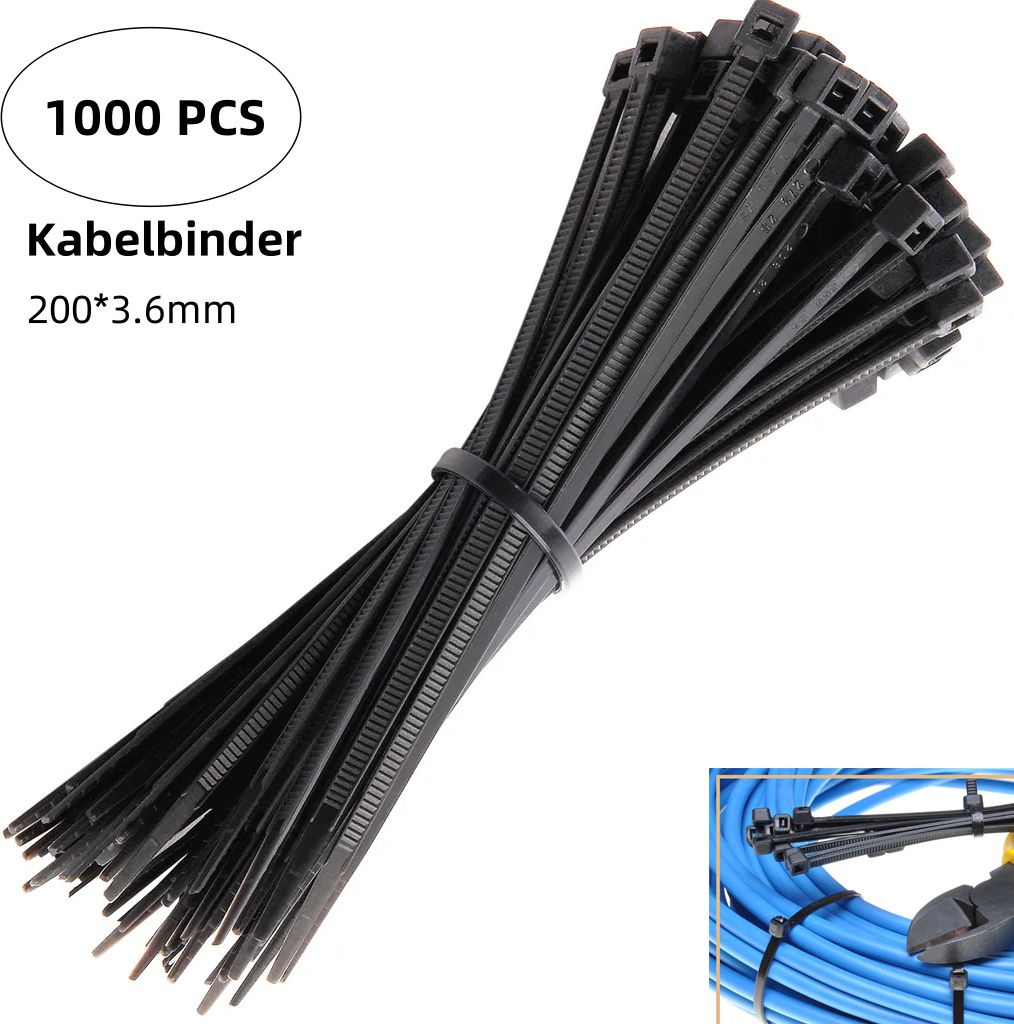 1000 Kabelbinder Schwarz Set Kabelbinder Klettband Kabelmanagement Industriequalität Groß Hochleistungs Innen Außen, 200 mm, 3,6 mm, 1000 Stück