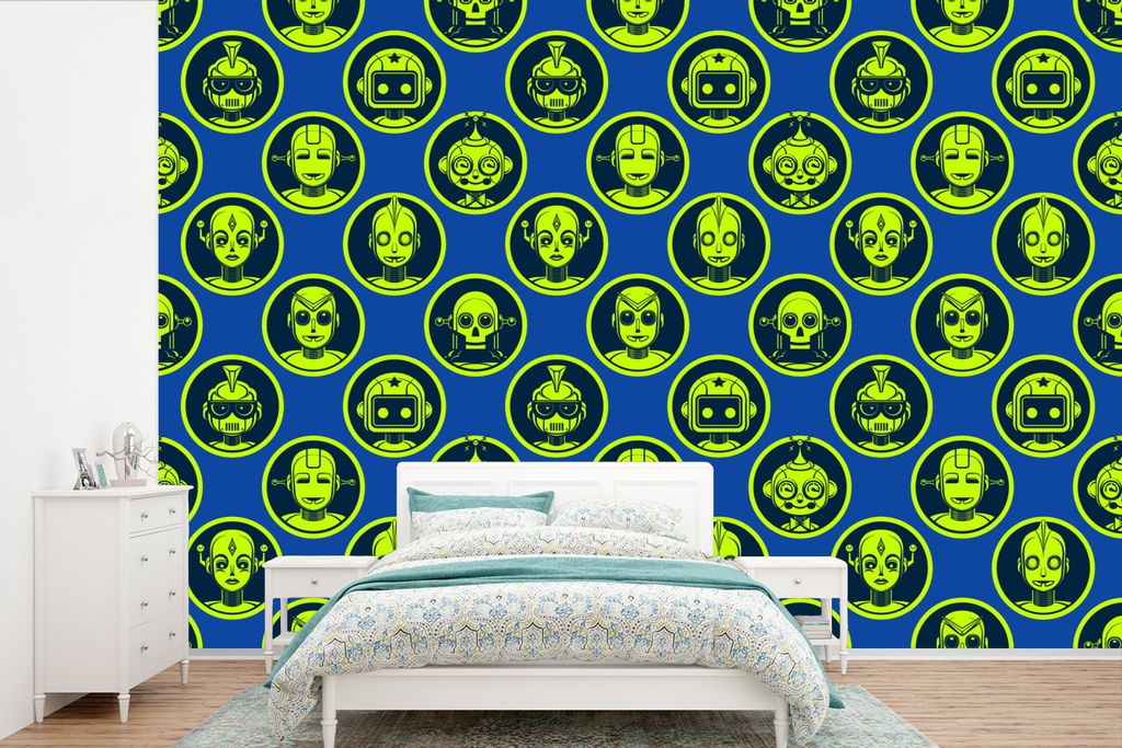 MuchoWow Fototapete für Wohnzimmer oder Schlafzimmer Wandtapete Vinyl Motivtapete Muster - Roboter - Gelb - Blau - Jungen - Kinder - Kleiner Jun...