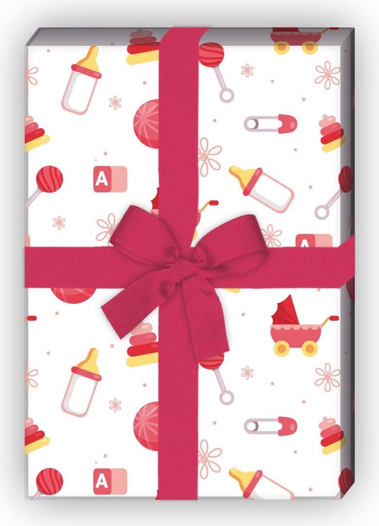 Baby Geschenkpapier mit Spielzeug zur Geburt, zur Taufe, rosa - G8243, 32 x 48cm