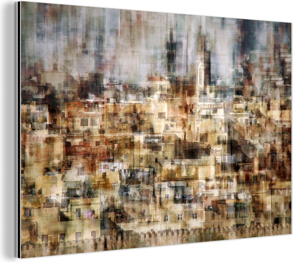 MuchoWow Wanddekoration Metall Metallbild Wandkunst 120x80 cm Stadt - Kunst - Häuser - Beige MuchoWow Aluminium Gemälde - Alu Bild