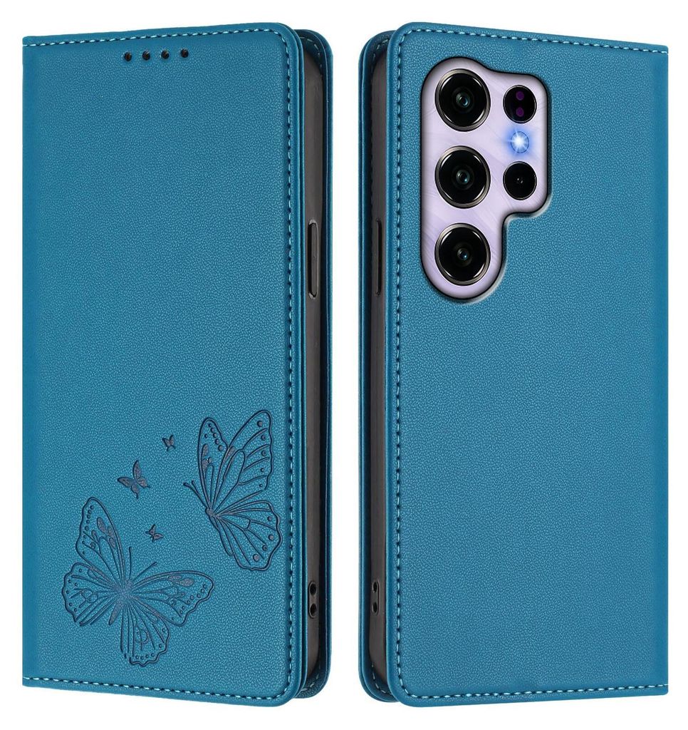Lederhülle für Oukitel C2 2025, Schmetterling Prägung Leder Brieftasche Schutzhülle mit Ständer Blau