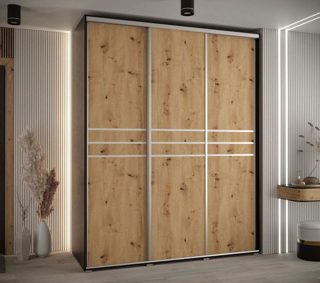 Kleiderschrank ASIRI 10 - 190/60 cm, Schwarz / Artisan-Eiche / Silber