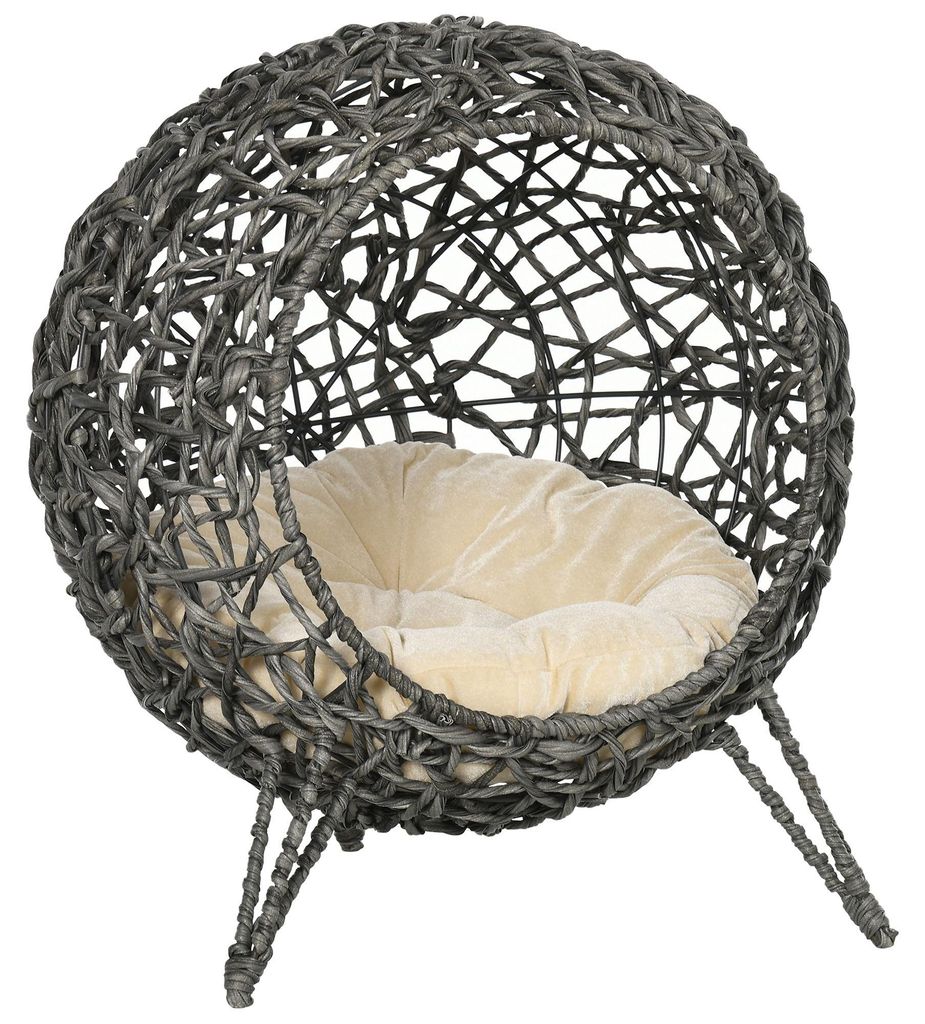 Katzenhaus aus Rattan mit Kissen Katzenschlafplatz Katzenh?hle mit erh?hten Fš¹?en Silbergrau ?52 x 58 cm