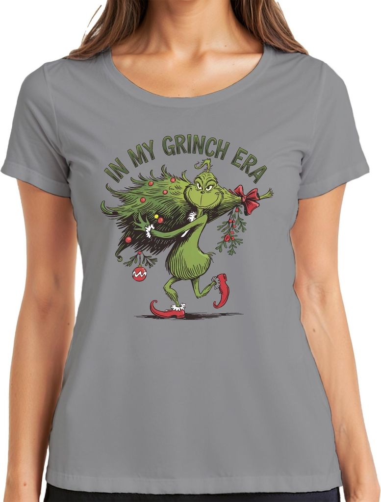 In My Grinch Era Weihnachten lustig Geschenk Weihnachtsbaum Retro Damen T-Shirt, Grau, S