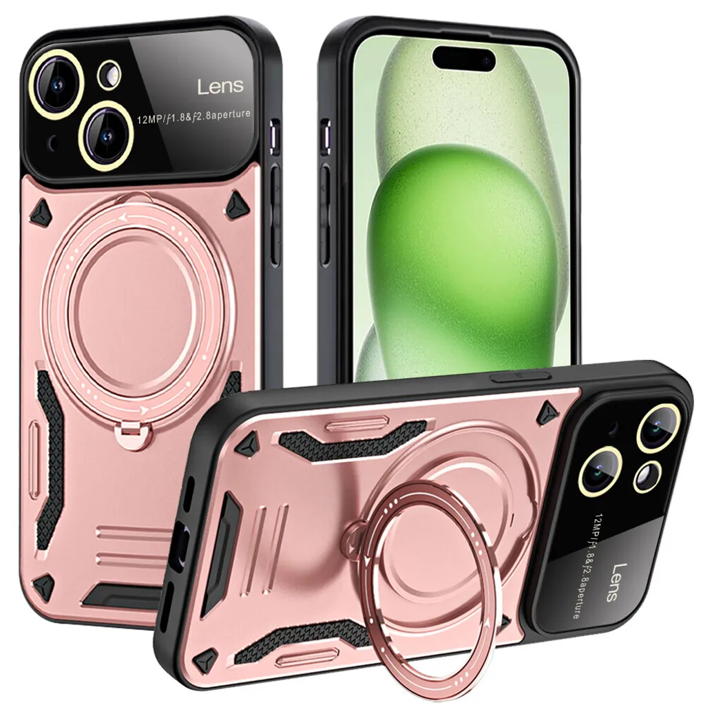 Odolné pouzdro pro iPhone 15 Dual-Layer Magnetic Ring Holder Stand Magsafe Case Růžové zlato