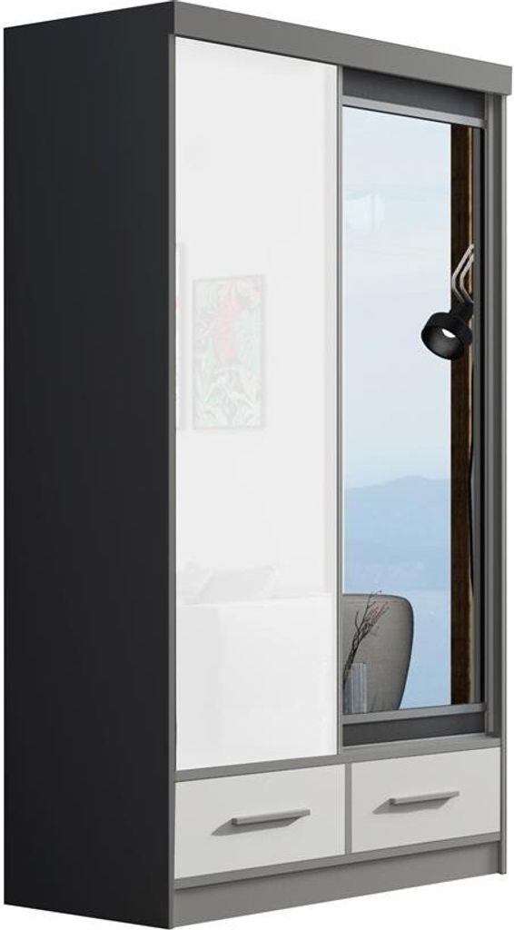 BETTSO Moderner Schiebeschrank mit Spiegel MIRELA 120 Grau Weiß Glänz