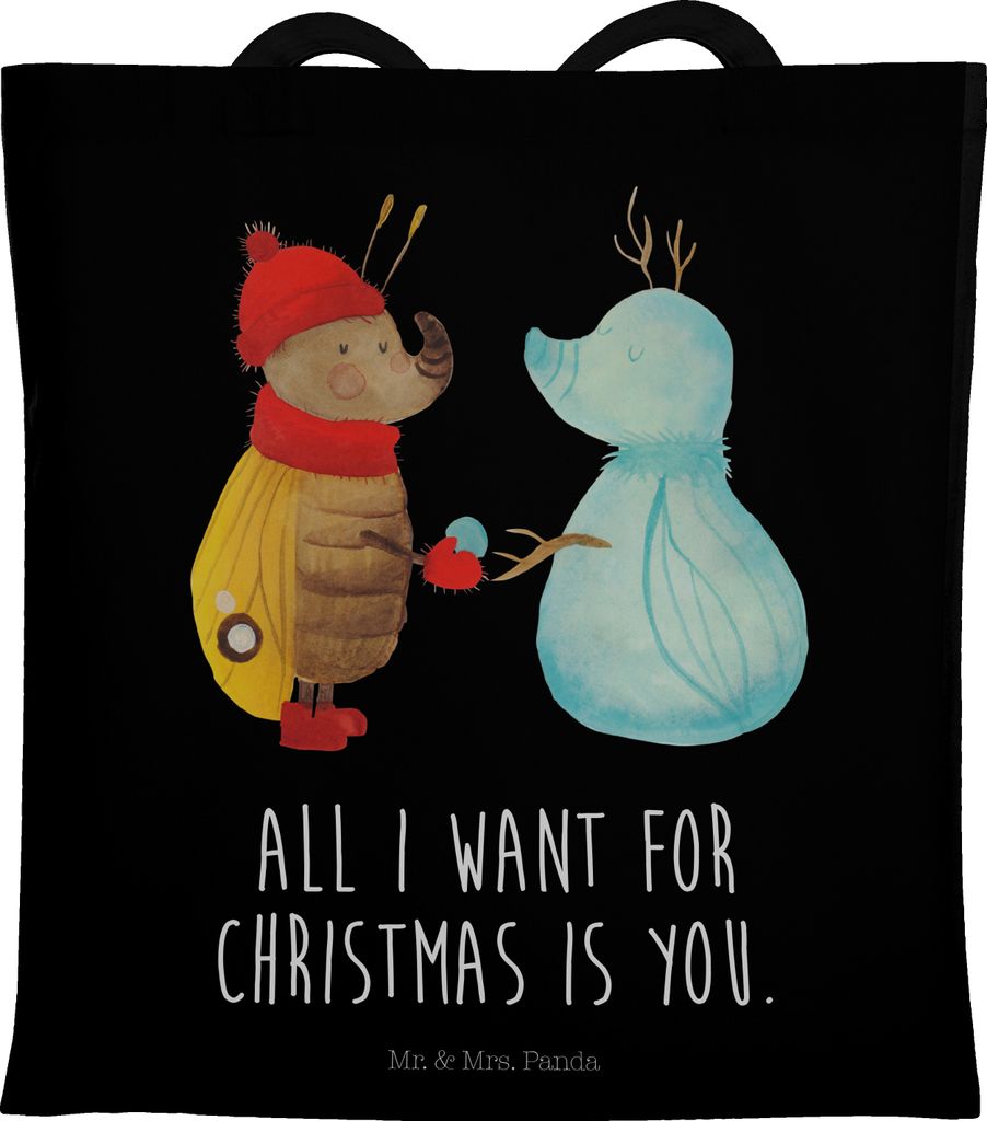 Mr. & Mrs. Panda Tote Bag Nachtfalter Schneemann - Schwarz - Geschenk, Stoffbeutel, Weihnachten, Winter, Einkaufstasche, Schnee, Shopping Tasche, W...