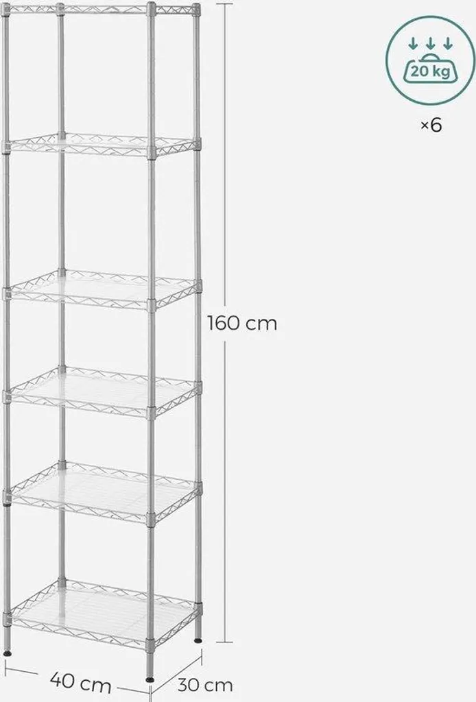 Étagère de rangement 6 niveaux réglables en métal argenté 120kg