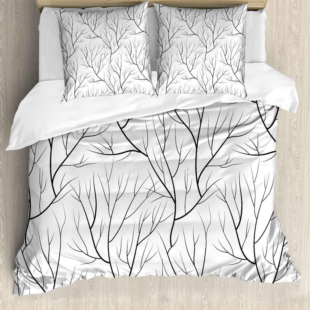 ABAKUHAUS Winter Bettbezug, Winter-Baum, Milbensicher Allergiker geeignet mit Kissenbezügen, 200 cm x 200 cm - 80 x 80 cm, Weiß schwarz