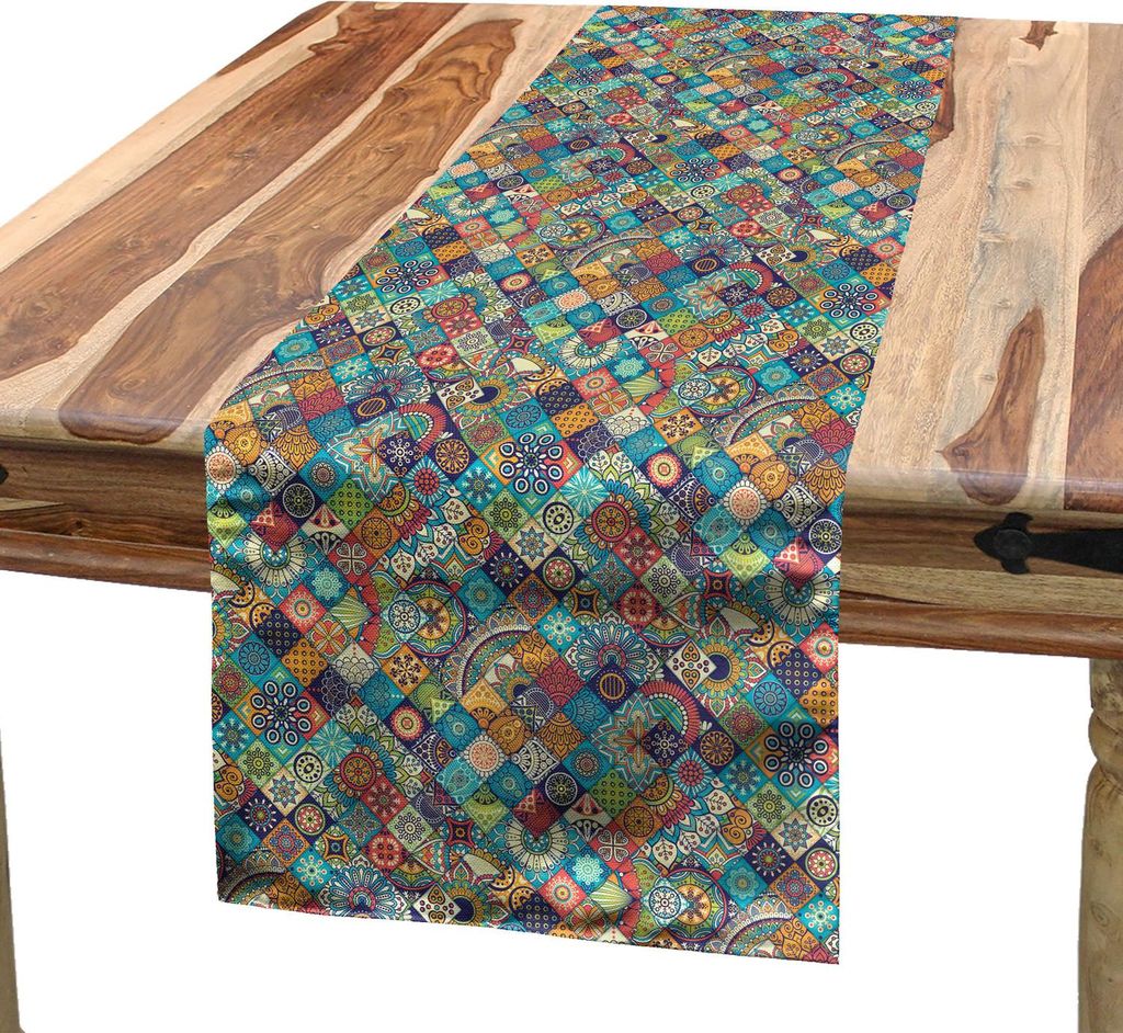 ABAKUHAUS Bohemien Tischläufer, Kariertes Muster mit ethnischen Ornamente Floral Figuren Ethnische Volkskunst, 40 x 180 cm, Mehrfarbig