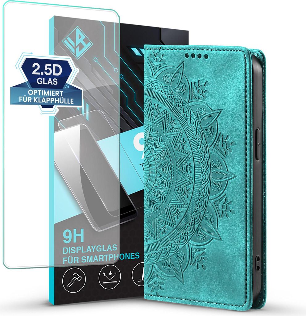 Mandala Handyhülle für Samsung Galaxy S22 Ultra RFID Schutz Klapphülle Case Cover Design Schutzhülle mit 9H Displayglas Farbe: Türkis