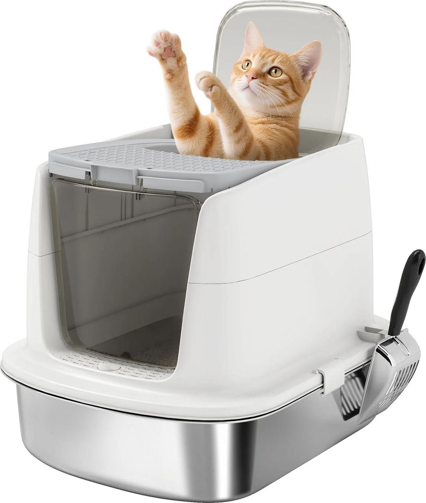 Katzentoilette aus Edelstahl - Geschlossene Katzenklo Box - Mit Deckel - Integrierter Streusieb-Filter - Mit Schaufel - Leicht zu reinigen - Geruch...