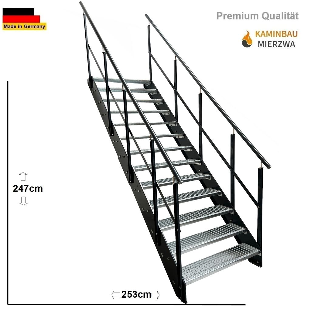 Stahl Wangentreppe Gitterroststufen 13 Stufen beidseitiges Geländer - Verzinkt & Anthrazit pulverlackierten Seiten - (B x H x T) 120 x 247 x 253 cm