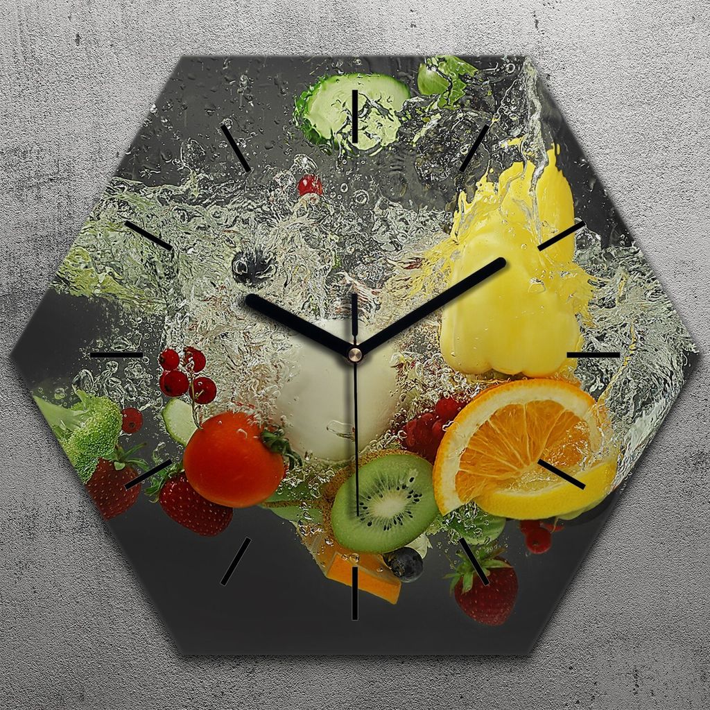 Uhr hexagonal 40 cm Glas Geräuschlos schwarze Zeiger - Gemüse und Früchte Wasser