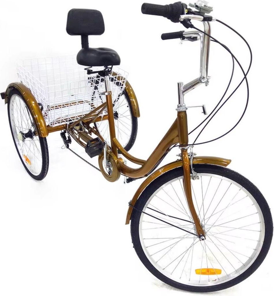 Dreiräder für Erwachsene – 6 Gänge – 24" – Mit Hinterkorb & Vorderradbremse – Gold