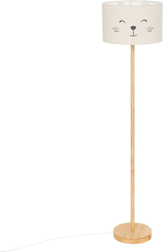 A floor lamp with a cat face design on the shade, standing on a white background.