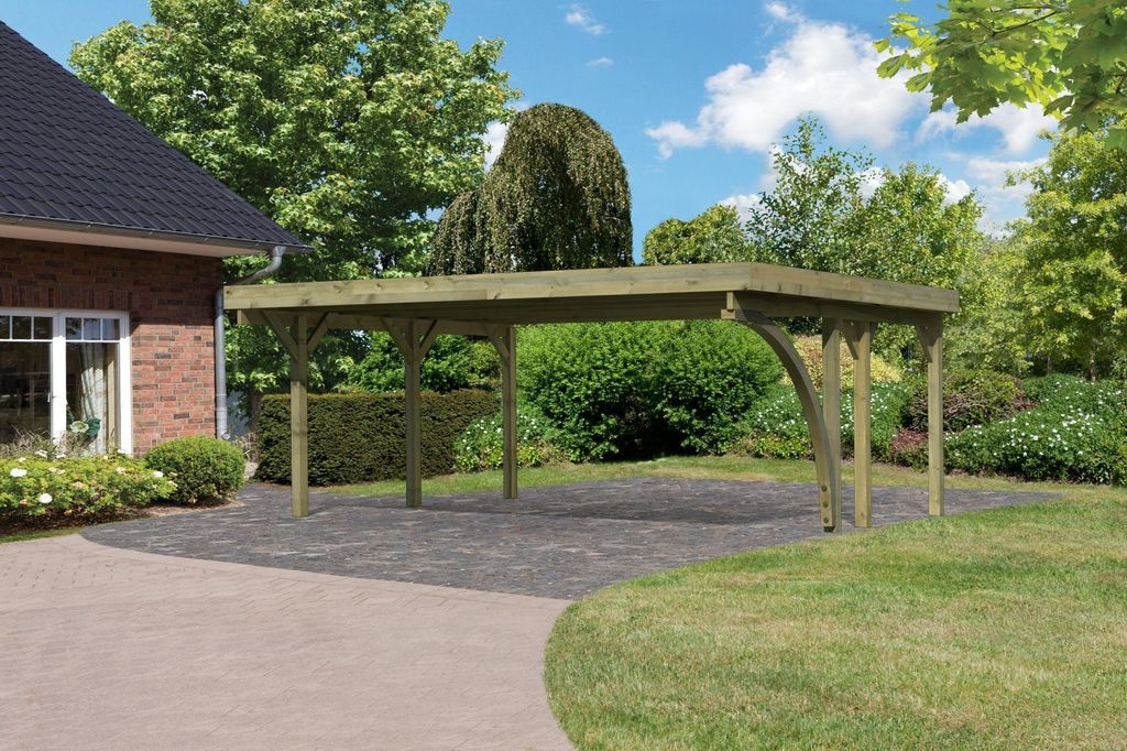 Doppelcarport Classic 1 Holz Überdachung Unterstand PVC-Dach inkl. einem Einfahrtsbogen kesseldruckimprägniert 563x394,5x237 cm