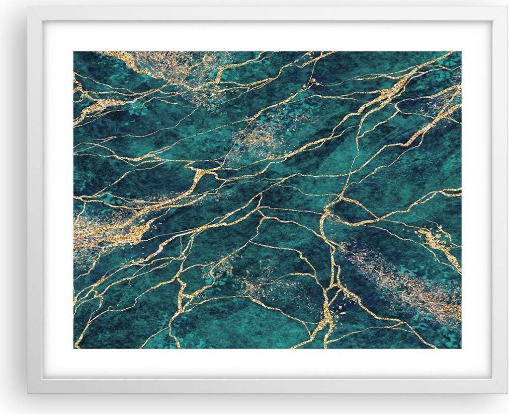 Gerahmtes Poster - Weißer Rahmen - Abstraktion Gold Türkis - 50x40 cm - Wand Bild - Wanddeko - Wandbilder - Kunstposter - Wandposter - Bilderrahm...