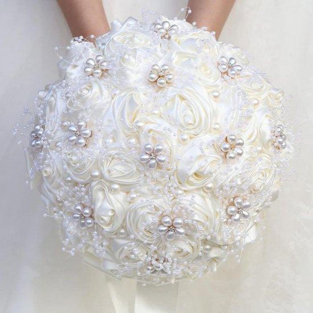 Hochzeitsstrauß - Kunstblumen Hochzeit - Hochzeit Verschönern - Handgefertigt mit Perlen - 22 cm Durchmesser - Elfenbein