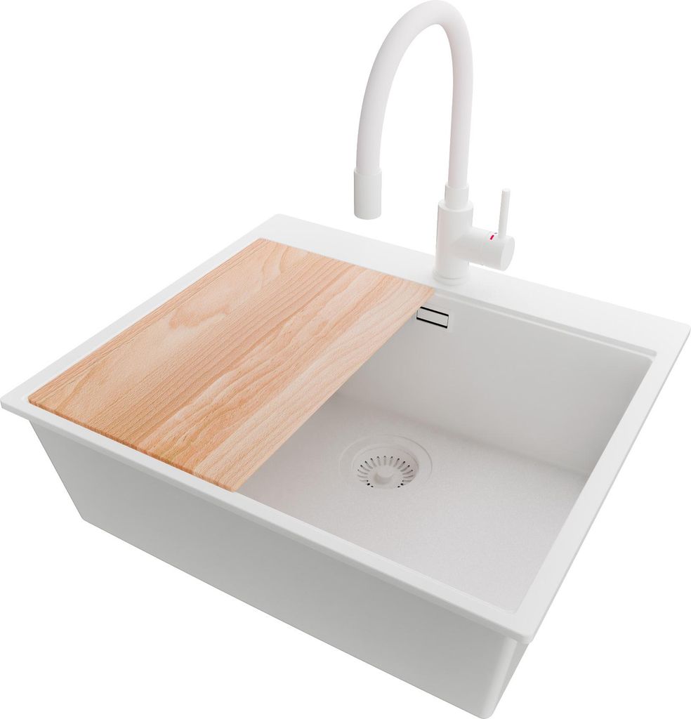 PRIMAGRAN Granitspüle Alles Weiß 58x50cm, Spülbecken 1 Becken + Küchenarmatur 38x14cm + Ablauf-Set + Schneidebrett, Küchenspüle ab 60er Unter...