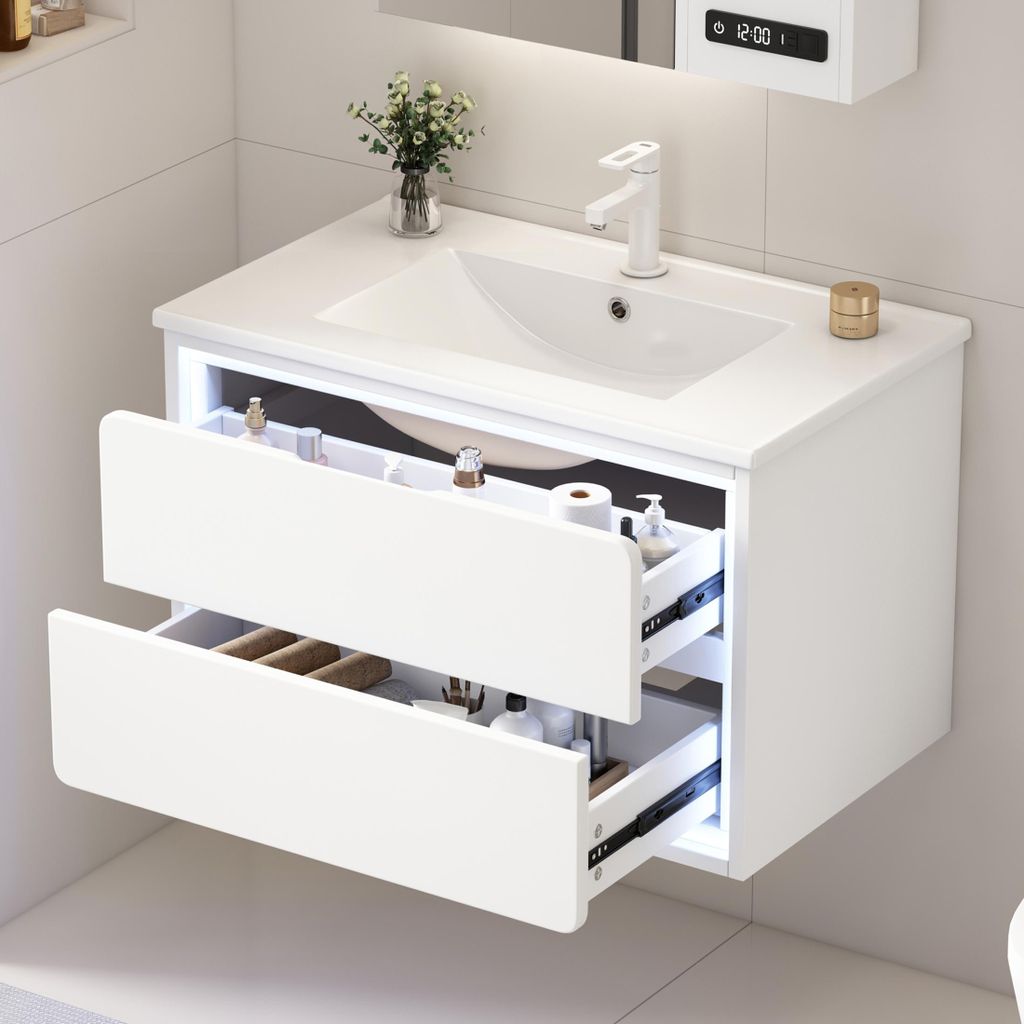76x46x48.5cm Wandhängend Badezimmerschränke, LED-Radarsensor-Beleuchtung, zwei Schubladen, leise Gleitschienen, Waschtisch,integriertes Waschbecken