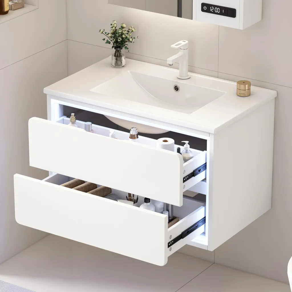 Meuble vasque suspendu 76cm LED détecteur et tiroirs soft-close
