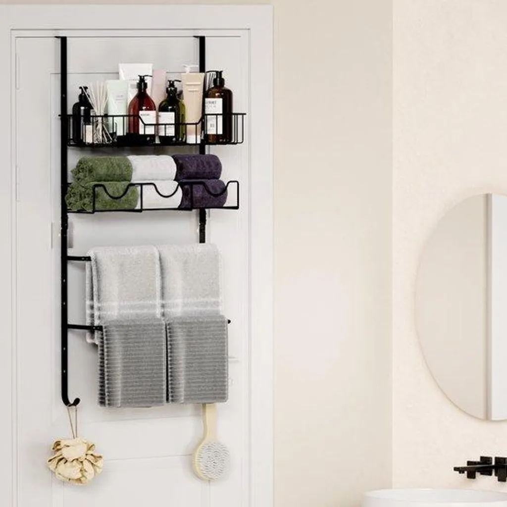Rangement serviettes salle de bain suspendu porte noir réglable métal