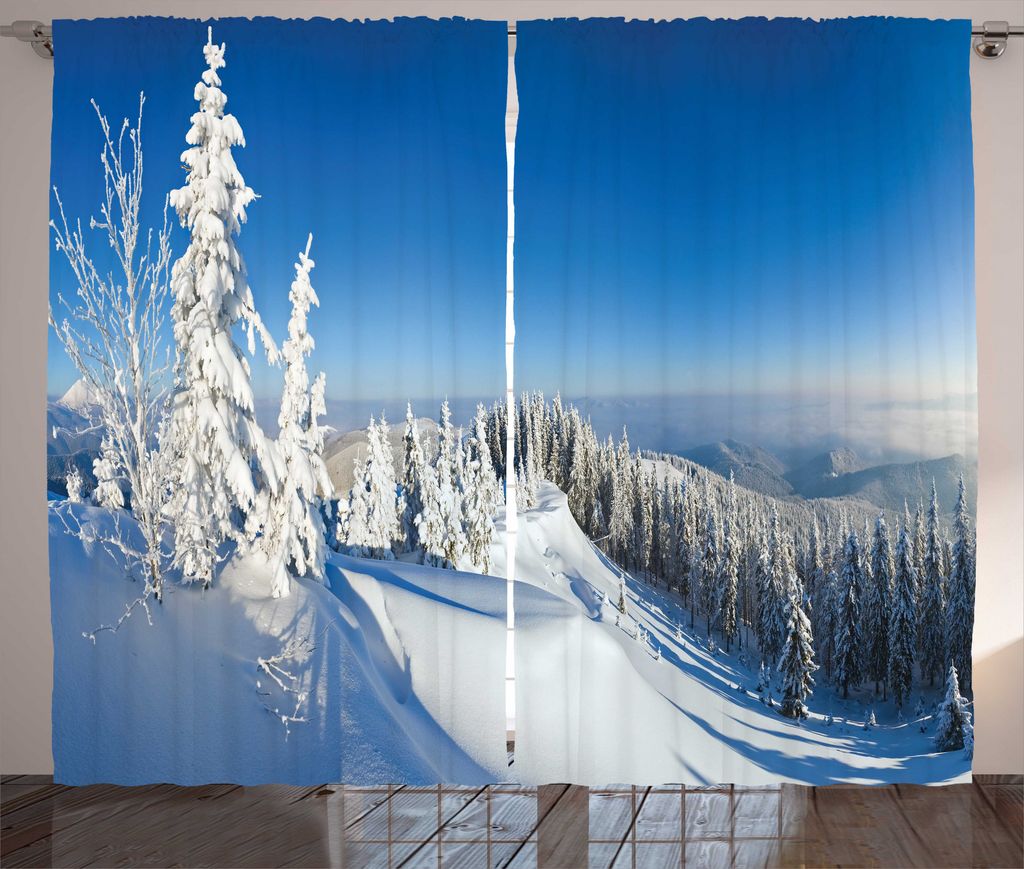 ABAKUHAUS Winter Rustikaler Gardine, Ruhe Berglandschaft, Wohnzimmer Universalband Gardinen mit Schlaufen und Haken, 280 x 225 cm, Azure Blau Weiß
