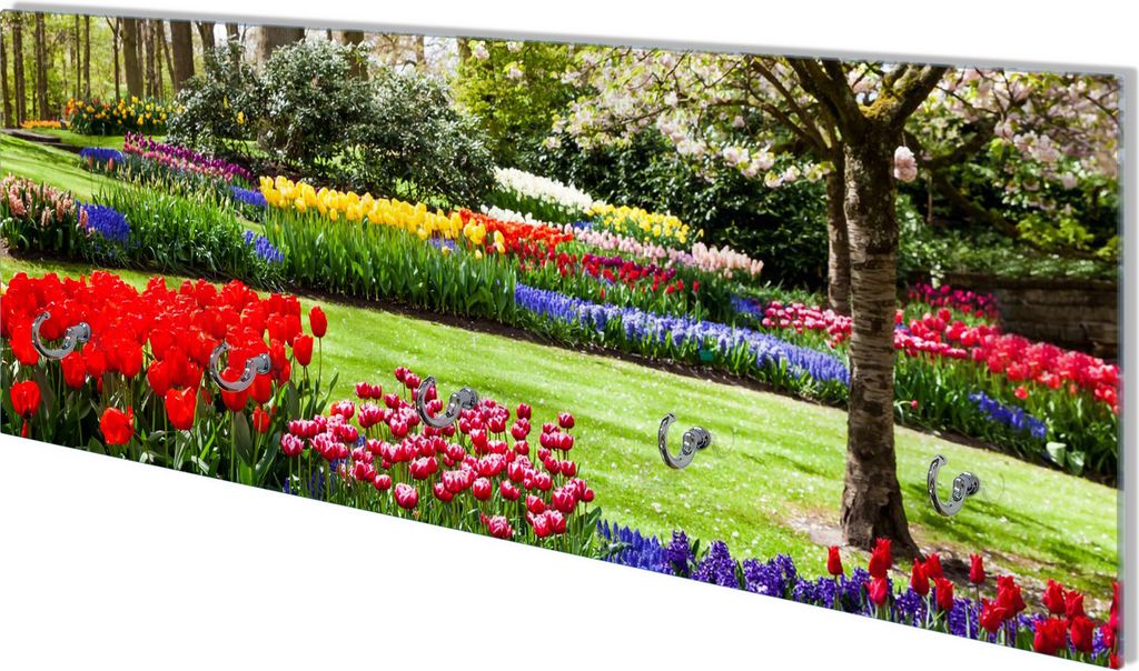Wallario Flurgarderobe Wandgarderobe aus Glas, mit 5 Haken, Größe 80 x 30 cm, Motiv Bunte Blumen und Kirsch-Baum im Park blühen im Frühling