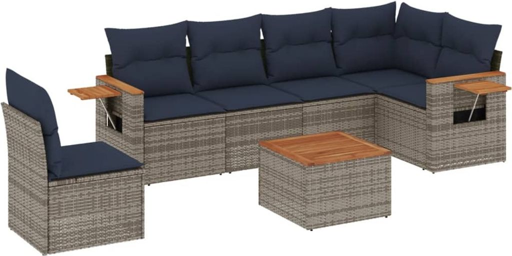 7-tlg. Garten-Sofagarnitur mit Kissen Grau Poly Rattan