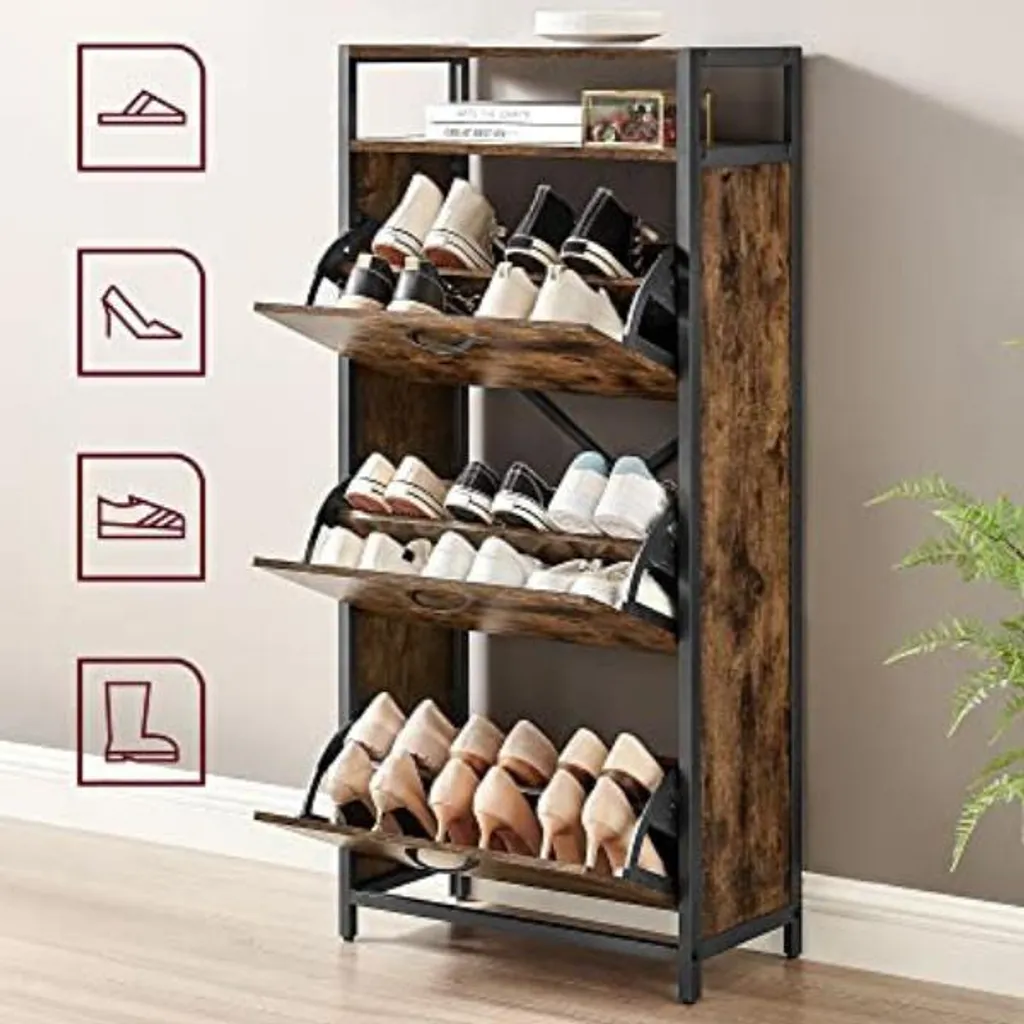 Meuble à chaussures rustique 3 abattants et compartiment de rangement