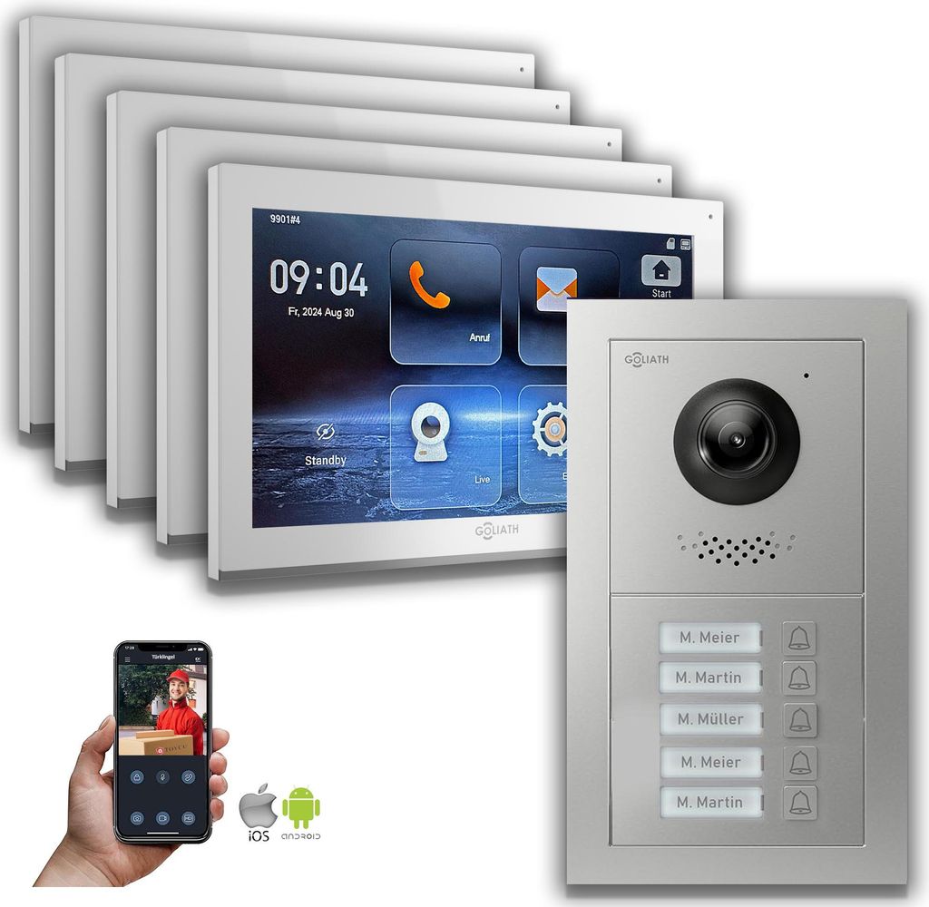 Goliath IP Video Türsprechanlage: 10-Zoll 5-Familienhaus, Smartphone App, Silber : 10 Zoll Weiß : Aufputz Dose Monitor Farbe: 10 Zoll Weiß Monta...