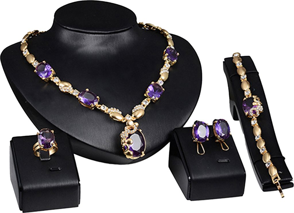 Schmuckset mit Strasssteinen, attraktive Accessoires, Halskette, Ring, Armband, Ohrringe, Geschenk für Party-Lila