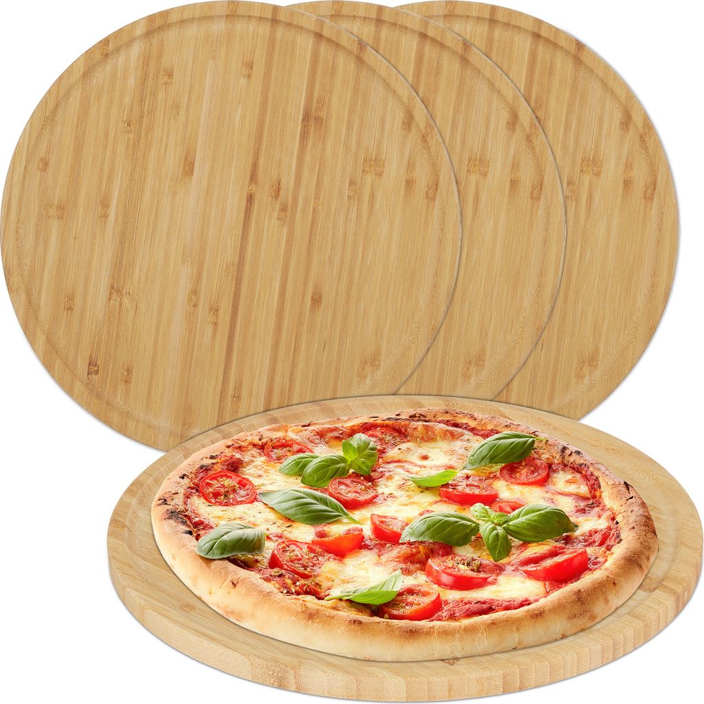 Relaxdays Pizzateller, 4er Set, Bambus, Ø 32 cm, Produktbild 