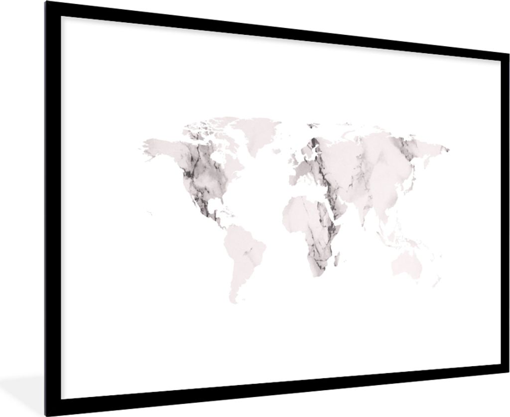 MuchoWow MuchoWow Gerahmtes Poster Weltkarte - Marmor - Grau 90x60 cm - Poster mit zchwarzem Bilderrahmen - Wanddekoration - Fotos