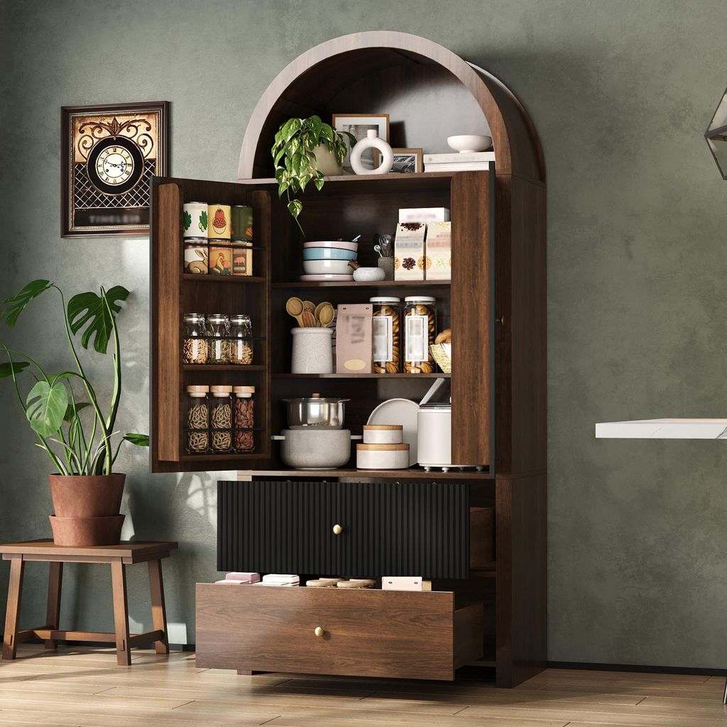 okwish Moderner Bogenschrank mit zwei Schubladen und offenem Oberfach, Küchenschrank mit Viel Stauraum,Sideboard in Walnussoptik