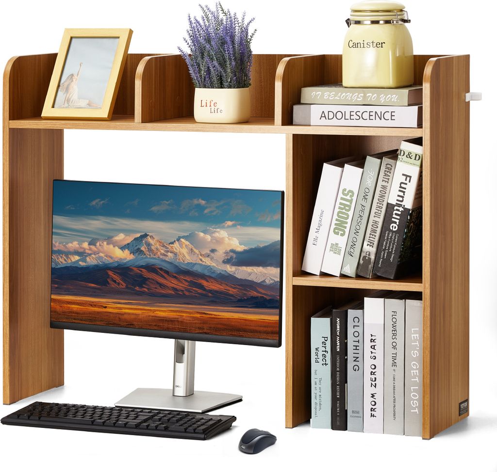 A wooden desk organizer with a monitor, keyboard, and mouse on a desk.