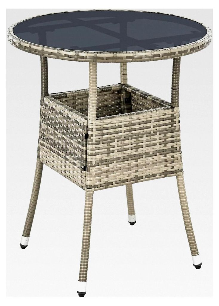Gartentisch aus Polyrattan wetterfest - Rundtisch Ø 60 cm - Rattan Beistelltisch mit Glasplatte - Kleiner Tisch für den Balkon - Grau