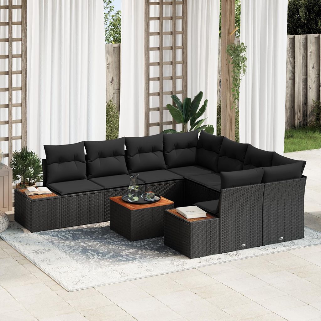 9-teiliges Garten Sofa Set mit Kissen Schwarz Poly Rattan Akazie, Design Gartensofas Neu