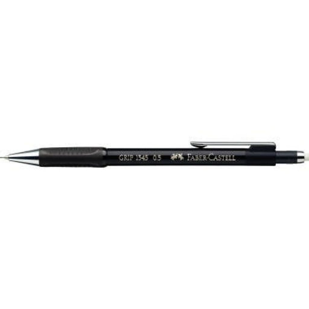 A black mechanical pencil with silver accents on a white background.