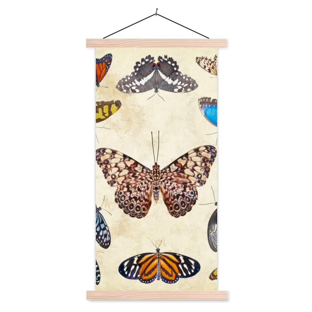 MuchoWow Textilposter Botanischer Druck Schmetterlinge 40x80 cm mit holzfarbenen Rahmen - Wohnzimmer